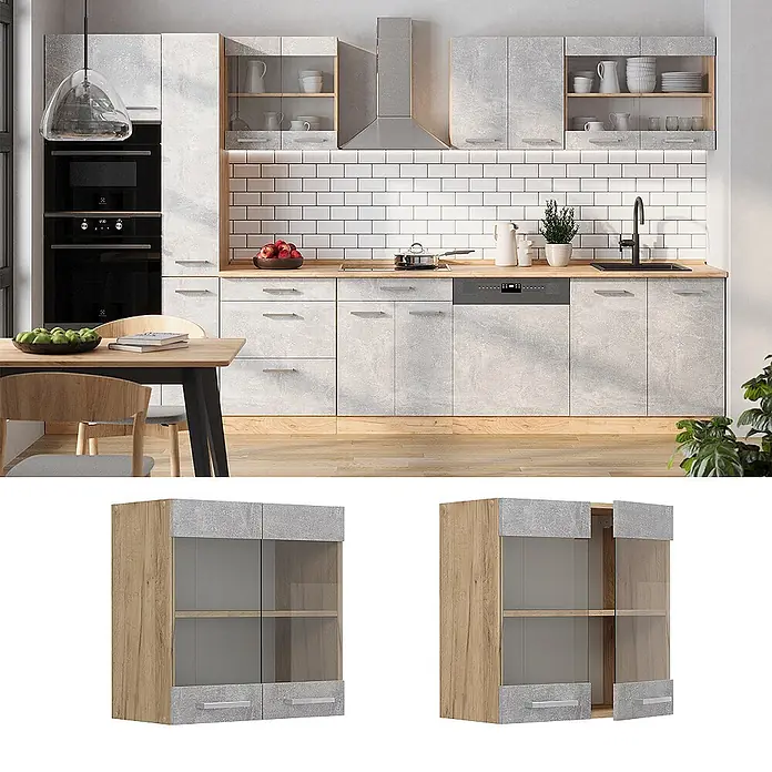 Vicco Schrankküche R-Line Beton - Beton, Hängeglasschrank 60 cm - Moderne Küchenschränke in Betonoptik Grau und Holzdekor, mit Glastüren für organisierten Stauraum.