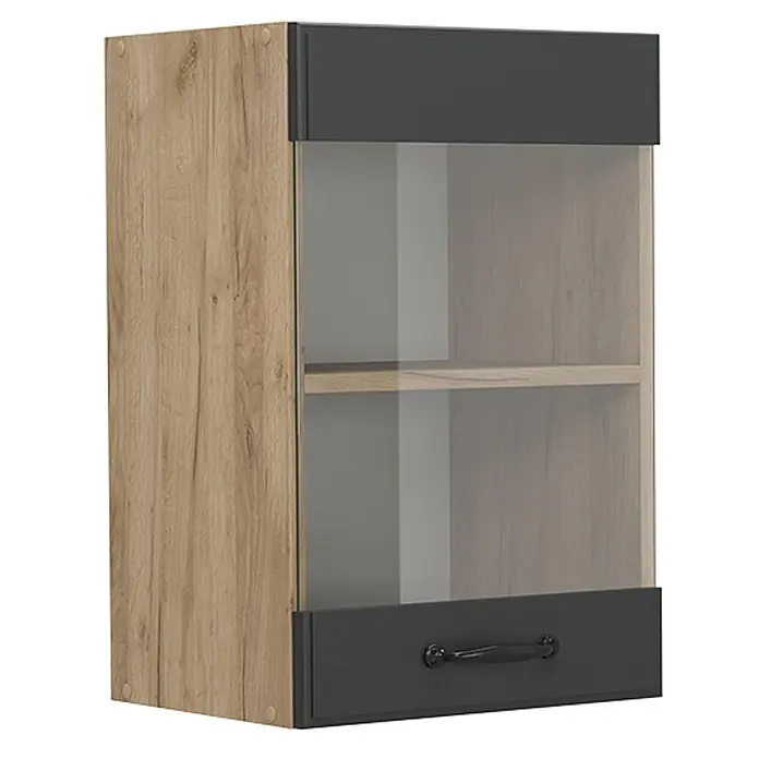 Vicco Schrankküche R-Line Anthrazit Landhaus - Breite: 40 cm, Anthrazit Landhaus, Hängeglasschrank 40 cm - Wandschrank mit Eicheneffektseite, dunkelgrauem Ober-/Unterteil, Klarglastür und schwarzem Griff am unteren Paneel.