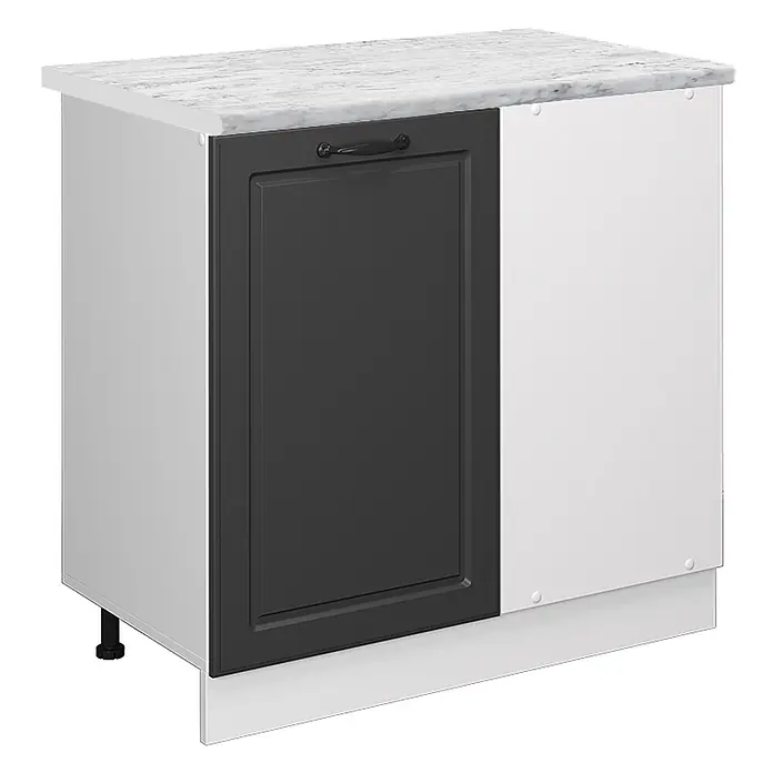 Vicco Schrankküche R-Line Anthrazit Landhaus AP Marmor - Anthrazit Landhaus, Eckunterschrank 86 cm, AP Marmor - Weißer Küchenunterschrank mit Marmoroptik-Arbeitsplatte, dunkelgrauer Shaker-Tür und verstellbaren Füßen.