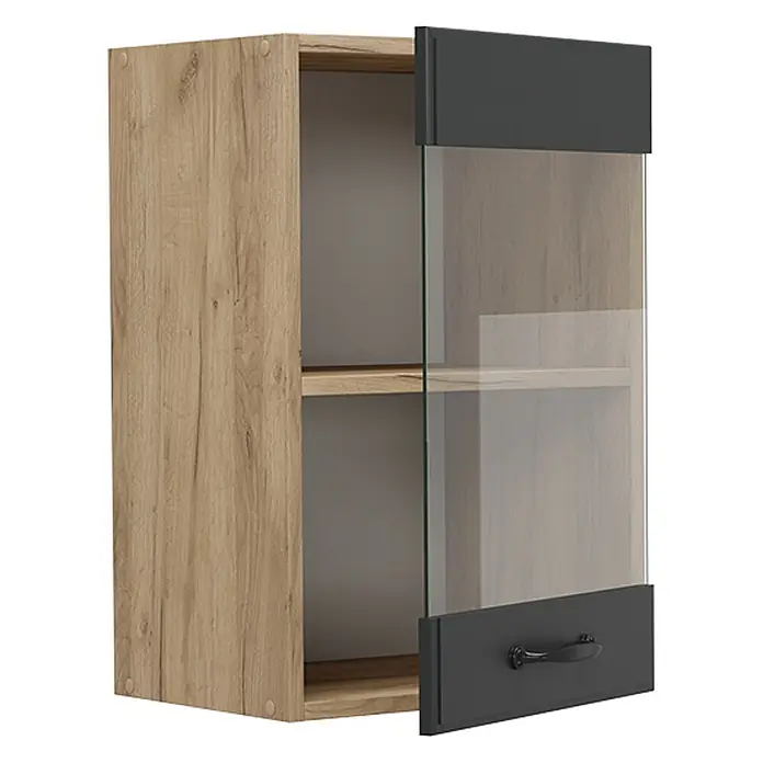 Vicco Schrankküche R-Line Anthrazit Landhaus - Breite: 40 cm, Anthrazit Landhaus, Hängeglasschrank 40 cm - Hängeschrank mit Korpus in heller Eichenoptik und dunkelgrauer Tür mit Glasfeld und Ziergriff. Inklusive Einlegeboden.