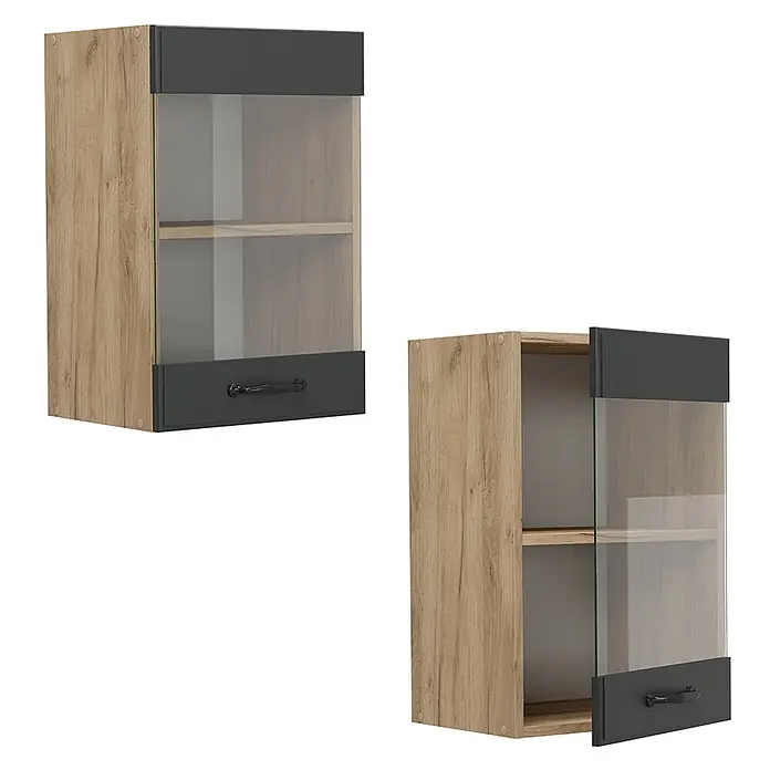 Vicco Schrankküche R-Line Anthrazit Landhaus - Breite: 40 cm, Anthrazit Landhaus, Hängeglasschrank 40 cm - Wandhängeschrank in Holzoptik mit dunkelgrauer und Glastür, Griff, geschlossen und offen gezeigt.