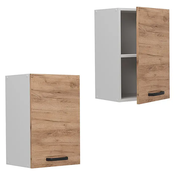 Vicco Schrankküche R-Line Goldkraft Eiche - Goldkraft Eiche, Hängeschrank 40 cm - Zwei hellgraue Küchenoberschränke mit Holztüren und schwarzen Griffen. Einer ist offen und zeigt ein Regal.