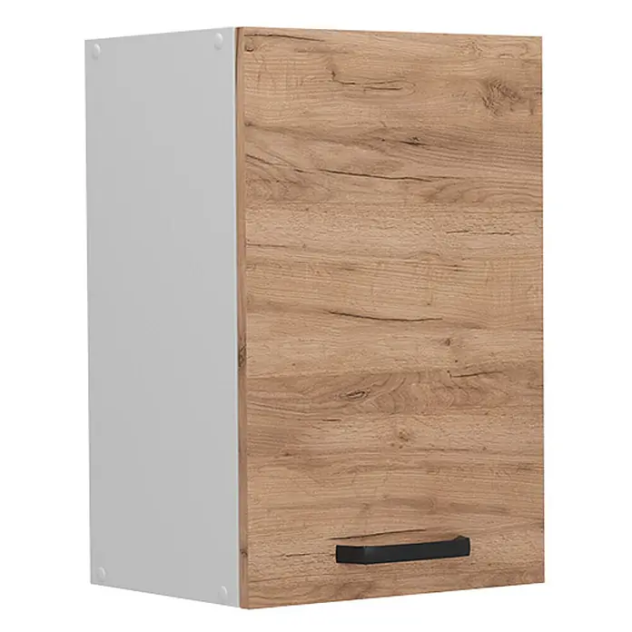 Vicco Schrankküche R-Line Goldkraft Eiche - Goldkraft Eiche, Hängeschrank 40 cm - Weißer Wandschrank mit heller Holzmaserungstür und schwarzem Griff.