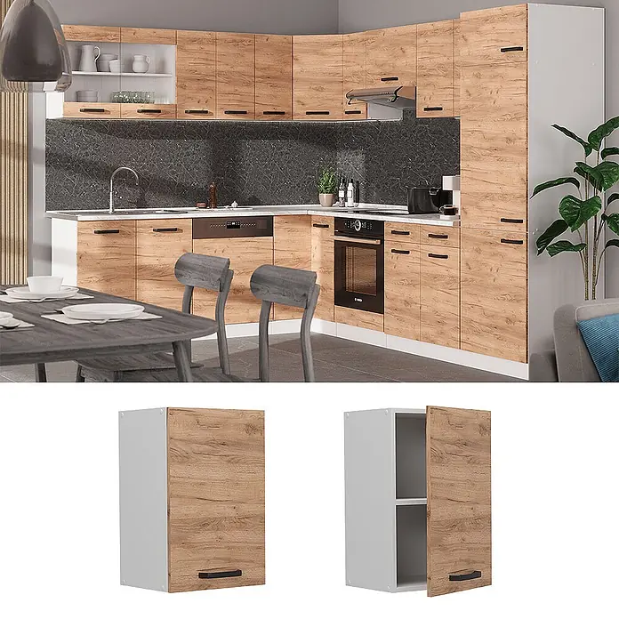 Vicco Schrankküche R-Line Goldkraft Eiche - Goldkraft Eiche, Hängeschrank 40 cm - Moderne Küchenschränke mit Holzoptik-Fronten und weißen Korpen. Hängeschrank geschlossen und offen mit Regal.