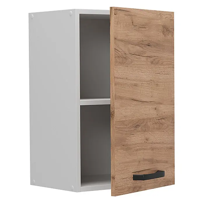 Vicco Schrankküche R-Line Goldkraft Eiche - Goldkraft Eiche, Hängeschrank 40 cm - Weißer Wandschrank mit offener heller Holzmaserungstür und schwarzem Griff, zeigt zwei Innenböden.