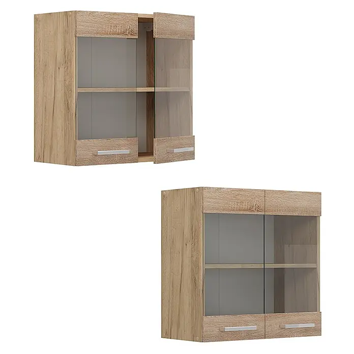 Vicco Schrankküche R-Line Sonoma - Sonoma, Hängeglasschrank 60 cm - Wandhängeschrank in Eichenoptik mit Milchglastüren und zwei unteren Schubladen, offen und geschlossen gezeigt.