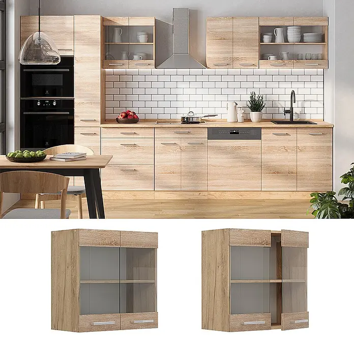 Vicco Schrankküche R-Line Sonoma - Sonoma, Hängeglasschrank 60 cm - Moderne Küche mit hellen Holz-Effekt-Schränken, integrierten Geräten und passender Arbeitsplatte. Inklusive Hängeschränke mit Glastüren.