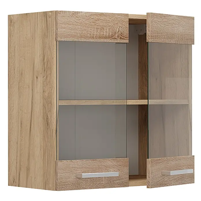 Vicco Schrankküche R-Line Sonoma - Sonoma, Hängeglasschrank 60 cm - Wandschrank in heller Eichenholzoptik mit zwei Glastüren, einem Einlegeboden und silbernen Griffen.