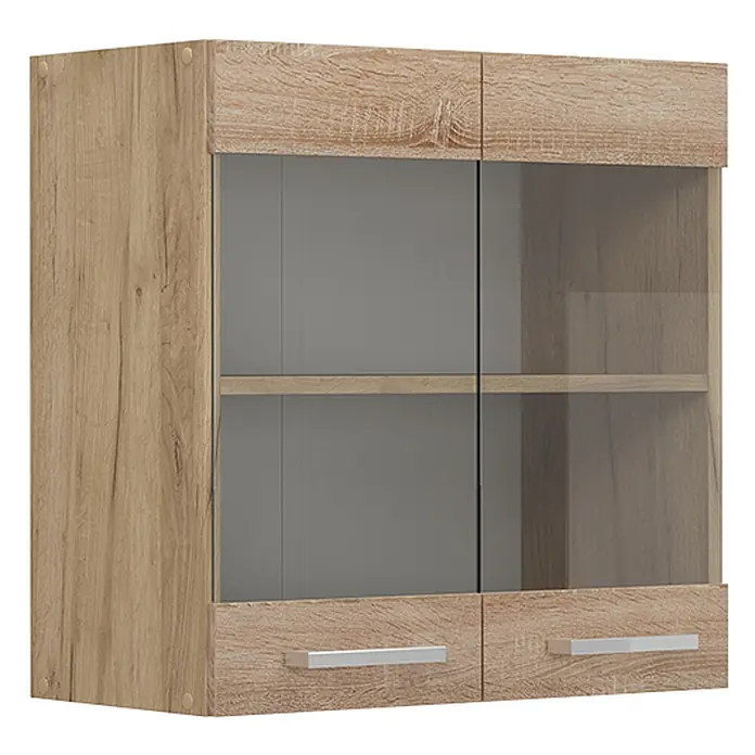 Vicco Schrankküche R-Line Sonoma - Sonoma, Hängeglasschrank 60 cm - Hellbrauner Wandschrank in Eichenoptik mit zwei Glastüren, Glasboden und zwei Schubladen mit silbernen Griffen.