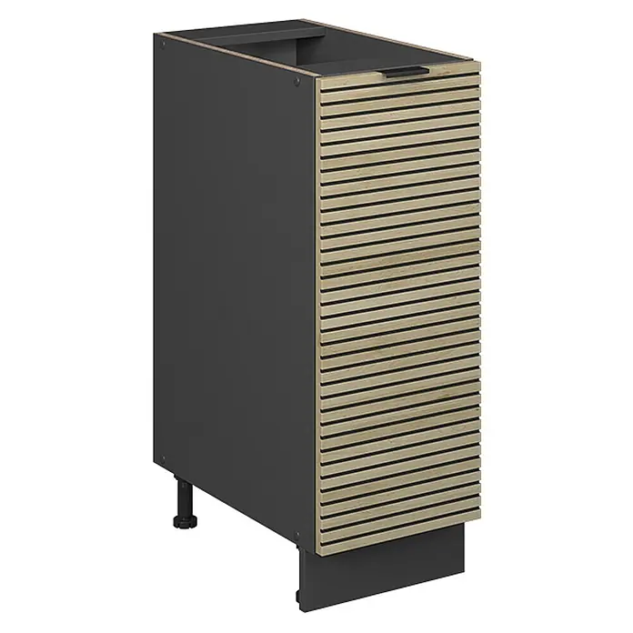 Vicco Schrankküche Fame-Line Eiche Paneel ohne Arbeitsplatte - Eiche Paneel, Apothekerunterschrank 30 cm - Dunkelgrauer Schrank mit heller Holzlamellenfront, oben mit Griff und verstellbaren Füßen.