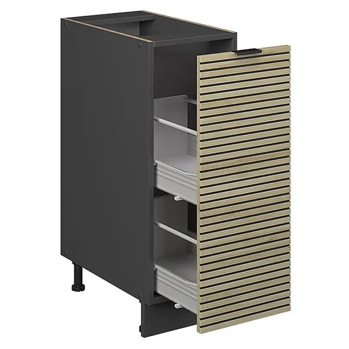 Vicco Schrankküche Fame-Line Eiche Paneel ohne Arbeitsplatte - Eiche Paneel, Apothekerunterschrank 30 cm - Dunkelgrauer Küchenunterschrank mit Lamellentür aus hellem Holz und zwei weißen Auszugsschubladen.