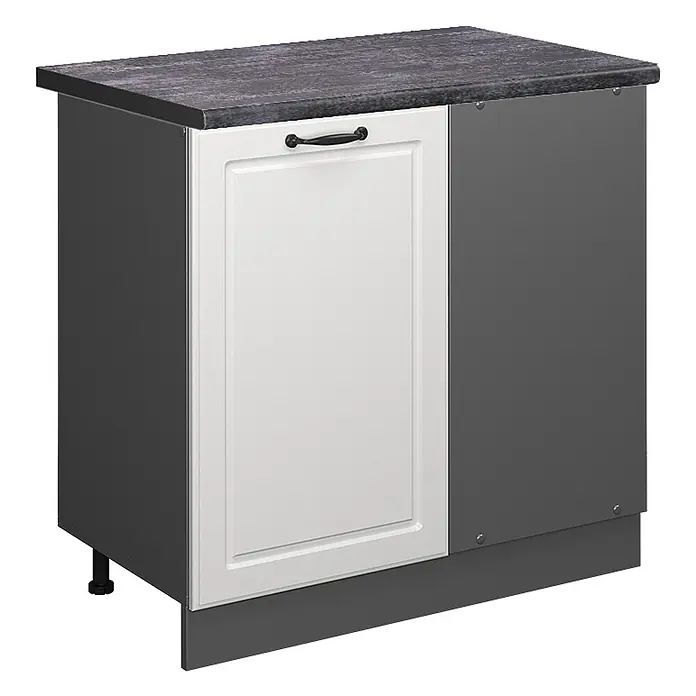 Vicco Schrankküche R-Line Weiß Landhaus, AP Anthrazit - Weiß Landhaus, Eckunterschrank 86 cm, AP Anthrazit - Dunkelgrauer Küchenunterschrank mit weißer Shaker-Tür, schwarzem Griff und dunkelgrauer Arbeitsplatte.