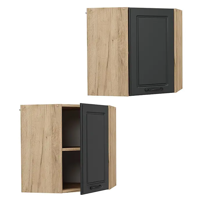 Vicco Schrankküche R-Line Anthrazit Landhaus - Breite: 57 cm, Anthrazit Landhaus, Eckhängeschrank 57 cm - Zwei Küchenoberschränke: helle Holzoptik, dunkelgraue Paneeltür mit Griff. Einer geschlossen, einer offen mit Regalen.