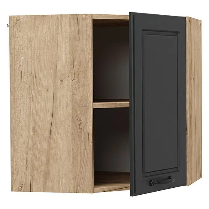 Vicco Schrankküche R-Line Anthrazit Landhaus - Breite: 57 cm, Anthrazit Landhaus, Eckhängeschrank 57 cm - Hängeschrank in heller Holzmaserung mit einer dunkelgrauen Tür mit Griff und einem Einlegeboden.