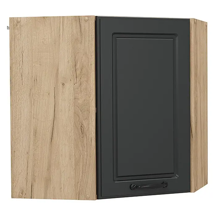 Vicco Schrankküche R-Line Anthrazit Landhaus - Breite: 57 cm, Anthrazit Landhaus, Eckhängeschrank 57 cm - Eckhängeschrank mit heller Holzoptik-Seite und dunkelgrauer Tür mit Zierrahmen und schwarzem Griff.