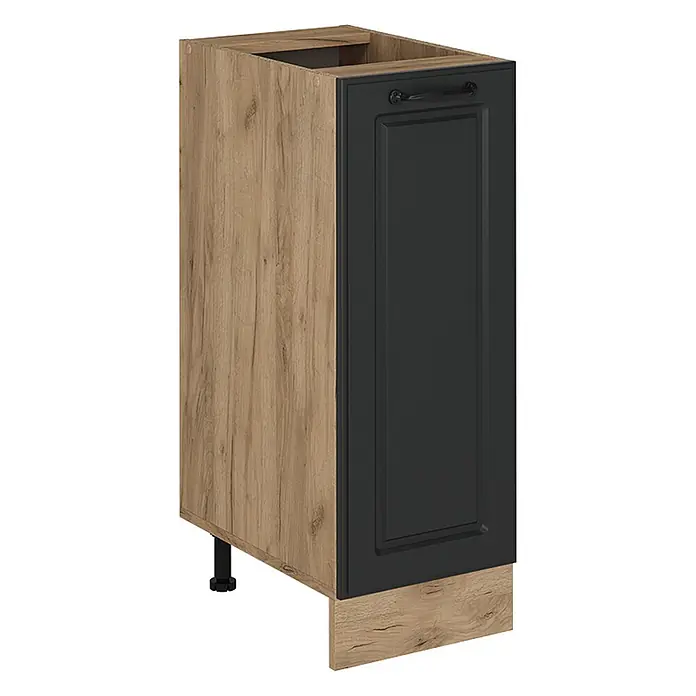 Vicco Schrankküche R-Line Anthrazit Landhaus ohne Arbeitsplatte - Anthrazit Landhaus, Apothekerunterschrank 30 cm - Küchenunterschrank mit heller Holzmaserung, dunkelgrauer Tür und schwarzem Griff.