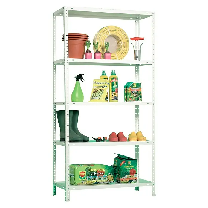 Simonrack Simonclassic Estantería metálica Comfort Mini - Al x An x Pr: 180 x 80 x 30 cm, Capacidad de carga por balda: 100 kg, Número de baldas: 5 ud., Atornillado, Blanco - Herramientas y suministros de jardinería en estanterías, incluyendo macetas, mangueras, pulverizadores, botas y fertilizante. Ideal para organizar el jardín.