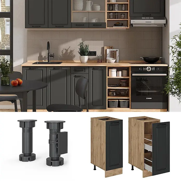 Vicco Schrankküche R-Line Anthrazit Landhaus, AP Anthrazit - Anthrazit Landhaus, Apothekerunterschrank 30 cm, AP Anthrazit - Dunkelgraue Kassettenküchenschränke mit Holz-Arbeitsplatte und integrierten Geräten. Zeigt verstellbare Schrankfüße und einen Unterschrank mit Auszügen.