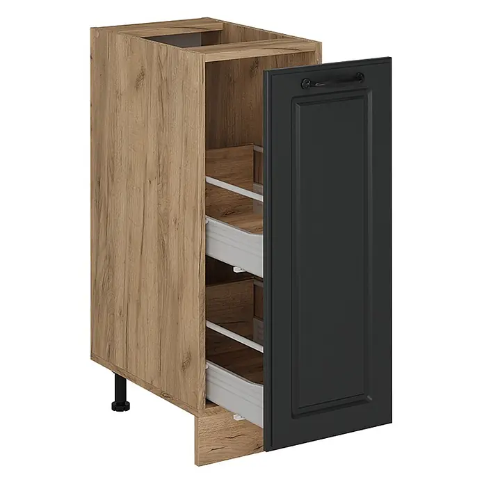 Vicco Schrankküche R-Line Anthrazit Landhaus, AP Anthrazit - Anthrazit Landhaus, Apothekerunterschrank 30 cm, AP Anthrazit - Hölzerner Küchenunterschrank in heller Eichenoptik mit dunkelgrauer/schwarzer Kassettenfront, die zwei innere Auszüge und verstellbare Füße zeigt.