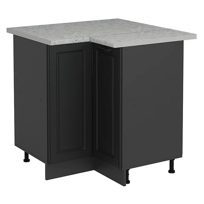 Vicco Schrankküche R-Line Anthrazit Landhaus AP Marmor - Breite: 75,6 cm, Anthrazit Landhaus, Eckunterschrank - Dunkelgrauer Eckunterschrank mit Kassettenfronten und weißer Marmoroptik-Arbeitsplatte, auf verstellbaren Füßen.