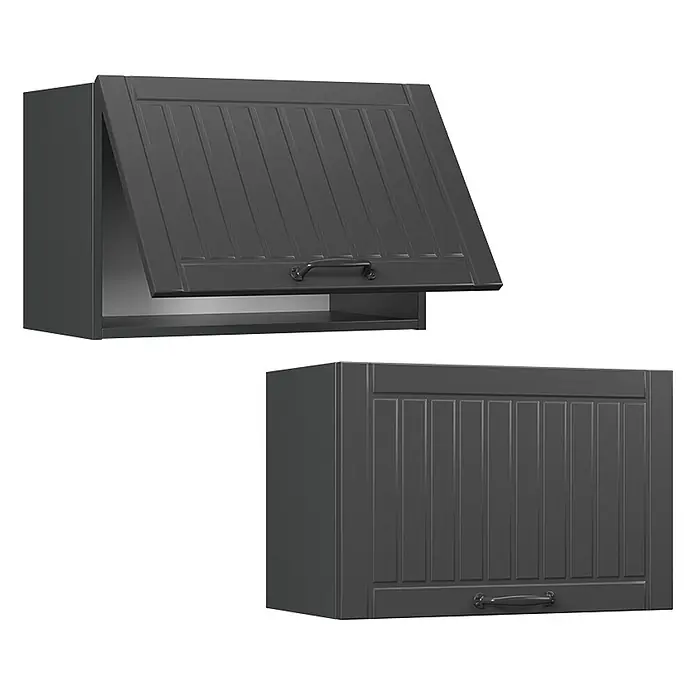Vicco Schrankküche Fame-Line Dunkelgrau Flach - Dunkelgrau, Hängeschrank (flach) 60 cm - Dunkelgrauer Küchenoberschrank mit Lamellentür, offen und geschlossen gezeigt, mit dunklem Griff.