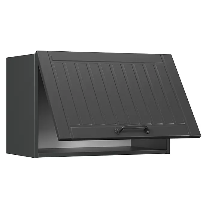 Vicco Schrankküche Fame-Line Dunkelgrau Flach - Dunkelgrau, Hängeschrank (flach) 60 cm - Dunkelgrauer Küchenoberschrank mit leicht geöffneter Kassettentür, der ein Innenregal und einen dunklen Griff zeigt.