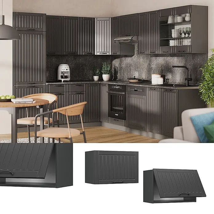 Vicco Schrankküche Fame-Line Dunkelgrau Flach - Dunkelgrau, Hängeschrank (flach) 60 cm - Dunkelgraue Küche mit Lamellen-Schranktüren. Zeigt einen Wandschrank mit Klappenbeschlag.