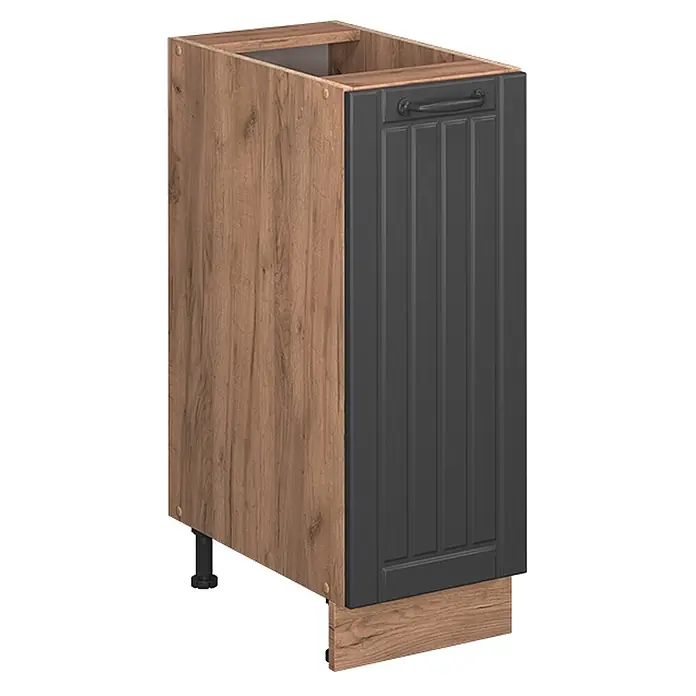 Vicco Schrankküche Fame-Line Dunkelgrau, AP Eiche - Dunkelgrau, Apothekerunterschrank 30 cm, AP Eiche - Sockelschrank in Eichenoptik mit dunkelgrauer Kassettentür und Griff.