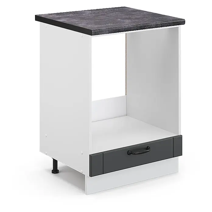 Vicco Schrankküche Fame-Line Anthrazit Landhaus, AP Anthrazit - Anthrazit Landhaus, Herdumbauschrank 60 cm, AP Anthrazit - Weißer Küchenunterschrank mit offener Nische, dunkelgrauer Schublade, schwarzem Griff und dunkler Arbeitsplatte auf verstellbaren Füßen.