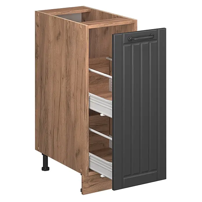 Vicco Schrankküche Fame-Line Dunkelgrau, AP Eiche - Dunkelgrau, Apothekerunterschrank 30 cm, AP Eiche - Küchenunterschrank in Holzoptik mit dunkelgrauer Tür und zwei ausziehbaren Einlegeböden. Verstellbare Füße sichtbar.
