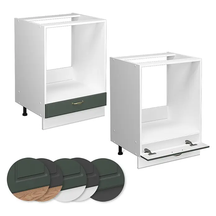 Vicco Schrankküche Fame-Line Grün-Gold Landhaus, AP Marmor - Grün-Gold Landhaus, Herdumbauschrank 60 cm, AP Marmor - Zwei weiße Küchenunterschränke für Einbaugeräte; einer mit einer dunkelgrünen Schublade, der andere mit einer dunkelgrünen Klapptür.
