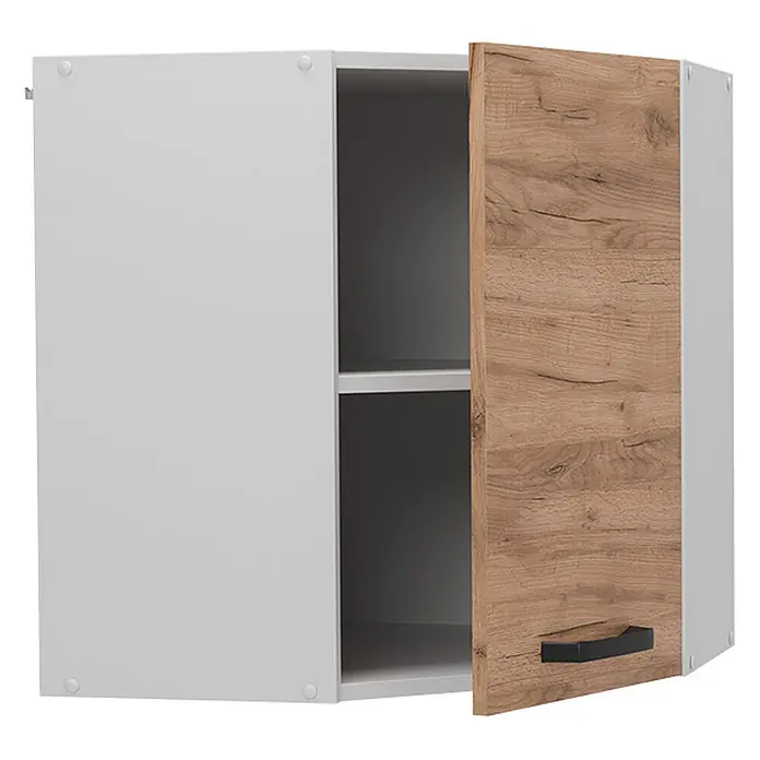 Vicco Schrankküche R-Line Goldkraft Eiche - Goldkraft Eiche, Eckhängeschrank 57 cm - Weißer Wandschrank mit offener Tür in heller Holzoptik, zwei Regalböden und schwarzem Griff.