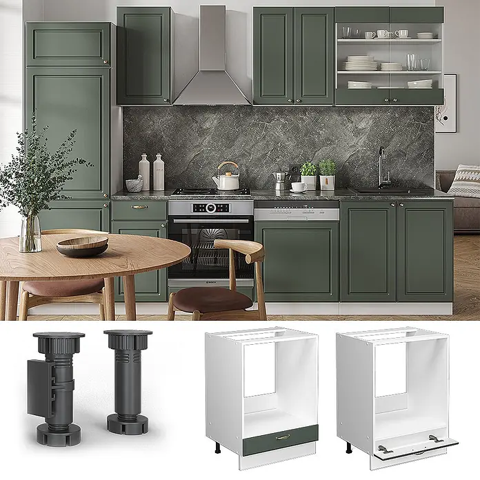 Vicco Schrankküche Fame-Line Grün-Gold Landhaus, AP Marmor - Grün-Gold Landhaus, Herdumbauschrank 60 cm, AP Marmor - Moderne dunkelgrüne Küchenschränke mit integrierten Geräten. Detailansicht verstellbarer Beine und spezialisierter Geräteunterschränke.