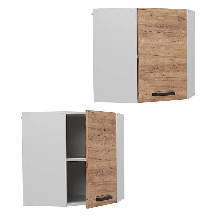Vicco Schrankküche R-Line Goldkraft Eiche - Goldkraft Eiche, Eckhängeschrank 57 cm - Weißer Eck-Wandschrank mit hellbrauner Holzmaserungstür und schwarzem Griff, geschlossen und geöffnet mit Regalen.
