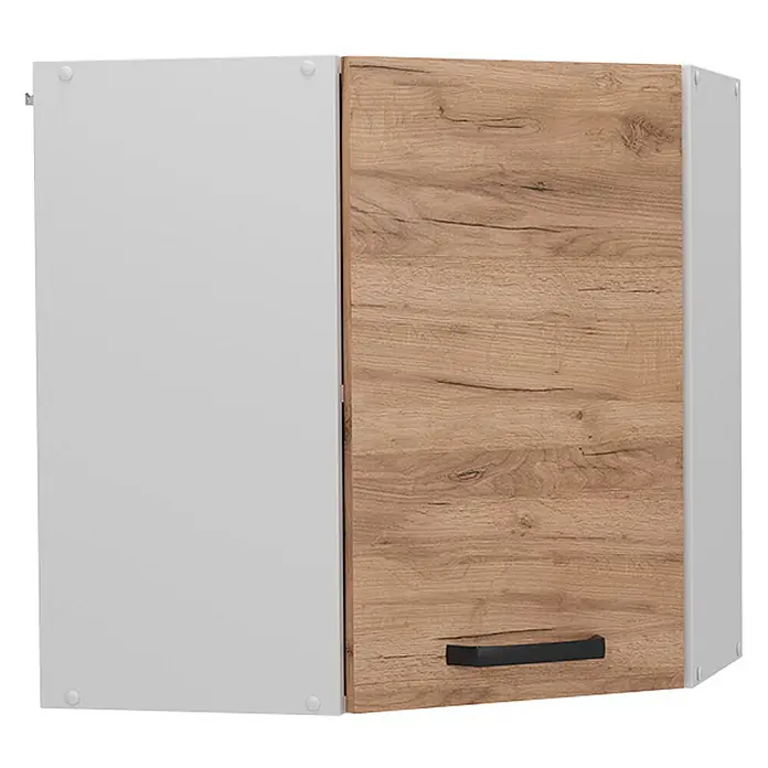 Vicco Schrankküche R-Line Goldkraft Eiche - Goldkraft Eiche, Eckhängeschrank 57 cm - Weiß-holzfarbener Eck-Küchenwandschrank mit zwei Türen und schwarzem Griff.