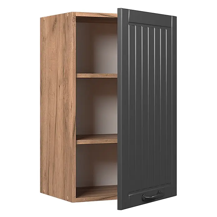 Vicco Schrankküche Fame-Line Dunkelgrau - Dunkelgrau, Hängeschrank 45 cm - Hängeschrank aus Holz mit teilweise geöffneter dunkelgrauer gerillter Tür und Holzregalen innen.