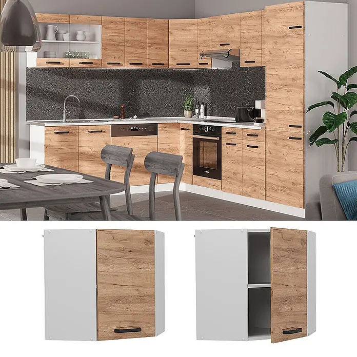 Vicco Schrankküche R-Line Goldkraft Eiche - Goldkraft Eiche, Eckhängeschrank 57 cm - Moderne Küche mit Holzoptik- und weißen Schränken, einschließlich eines offenen Eckoberschranks.