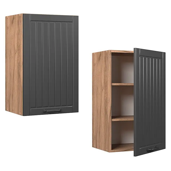 Vicco Schrankküche Fame-Line Dunkelgrau - Dunkelgrau, Hängeschrank 45 cm - Hängeschrank in Holzoptik mit dunkelgrauer Paneeltür, geschlossen und offen mit zwei Regalböden dargestellt.