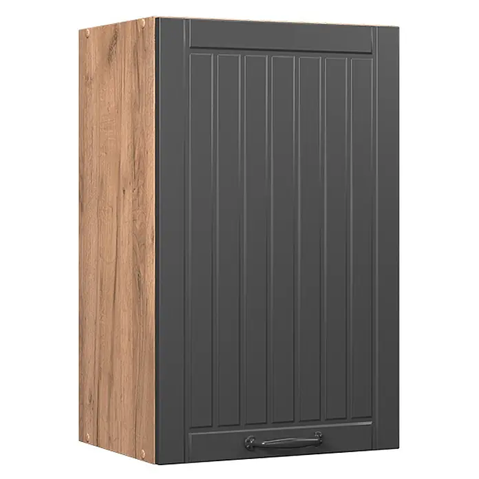 Vicco Schrankküche Fame-Line Dunkelgrau - Dunkelgrau, Hängeschrank 45 cm - Wandschrank mit dunkelgrauer gerillter Tür und Seiten in Holzoptik. Mit dunklem Griff.