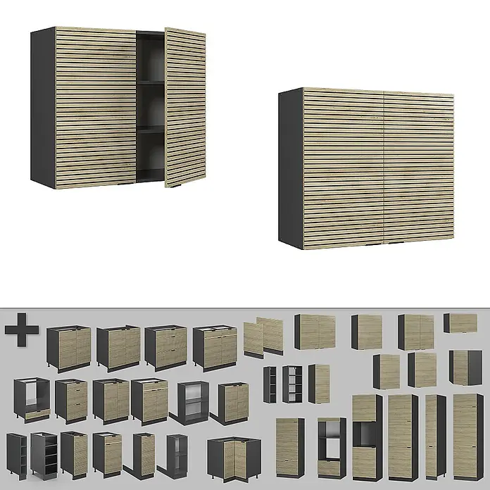 Vicco Schrankküche Fame-Line Eiche Paneel - Eiche Paneel, Hängeschrank 80 cm - Modulares Schranksystem mit dunkelgrauen Korpi und hellen Holzlamellenfronten.
