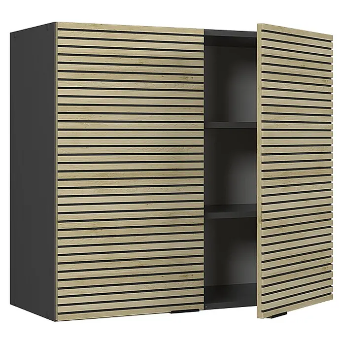 Vicco Schrankküche Fame-Line Eiche Paneel - Eiche Paneel, Hängeschrank 80 cm - Dunkelgrauer Schrank mit zwei hellen Holzlatten-Türen, eine leicht geöffnet mit zwei Innenböden.