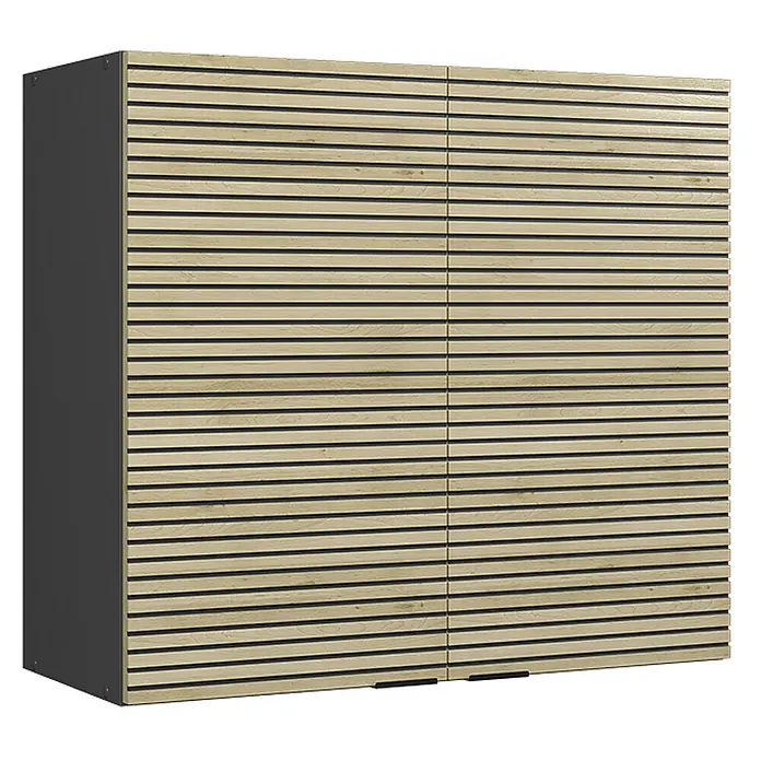 Vicco Schrankküche Fame-Line Eiche Paneel - Eiche Paneel, Hängeschrank 80 cm - Schrank mit hellen Holzlamellentüren und dunkelgrauen Seitenwänden.