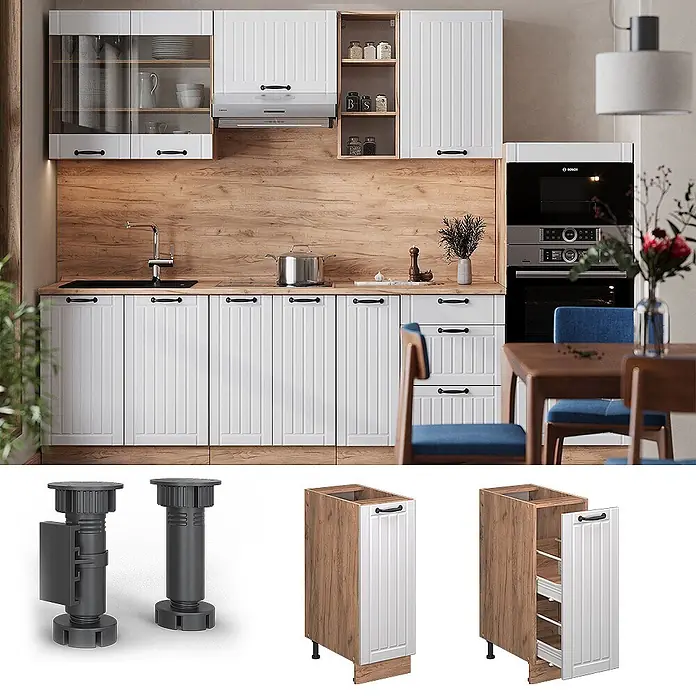 Vicco Schrankküche Fame-Line Weiß Landhaus, AP Anthrazit - Weiß Landhaus, Apothekerunterschrank 30 cm, AP Anthrazit - Weiße geriffelte Küchenschränke mit Holzoptik-Akzenten, schwarzen Griffen, verstellbaren Füßen und schmaler Apotheker-Auszugseinheit.