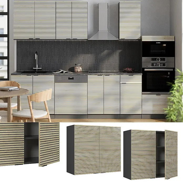 Vicco Schrankküche Fame-Line Eiche Paneel - Eiche Paneel, Hängeschrank 80 cm - Helle Küchenschränke mit horizontalen Holzlamellen, in moderner Küche und als Modul gezeigt.