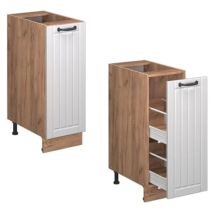 Vicco Schrankküche Fame-Line Weiß Landhaus, AP Anthrazit - Weiß Landhaus, Apothekerunterschrank 30 cm, AP Anthrazit - Küchenunterschrank in Holzoptik mit weißer, gerillter Auszugtür, schwarzem Griff, zeigt zwei interne Auszugkörbe.