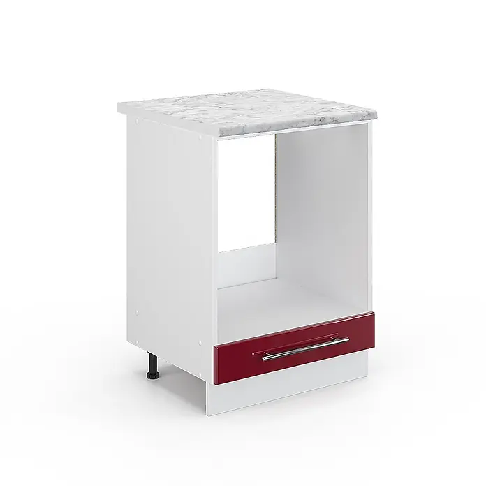 Vicco Schrankküche Fame-Line Bordeaux Hochglanz, AP Marmor - Bordeaux Hochglanz, Herdumbauschrank 60 cm, AP Marmor - Weißer Küchenunterschrank mit Marmorplatte, offenem Gerätefach und roter Schublade.