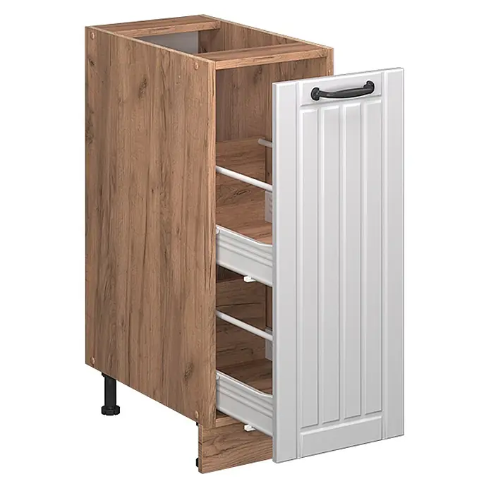 Vicco Schrankküche Fame-Line Weiß Landhaus, AP Anthrazit - Weiß Landhaus, Apothekerunterschrank 30 cm, AP Anthrazit - Holzoptik-Unterschrank mit weißer gerillter Auszugstür, schwarzem Griff und Innenaufbewahrung.