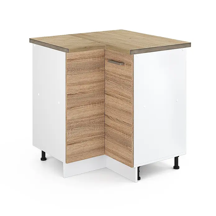 Vicco Schrankküche R-Line Sonoma, AP Eiche - Sonoma, Eckunterschrank, AP Eiche - Weißer und holzfarbener Eckunterschrank für die Küche mit Griff und verstellbaren Füßen.