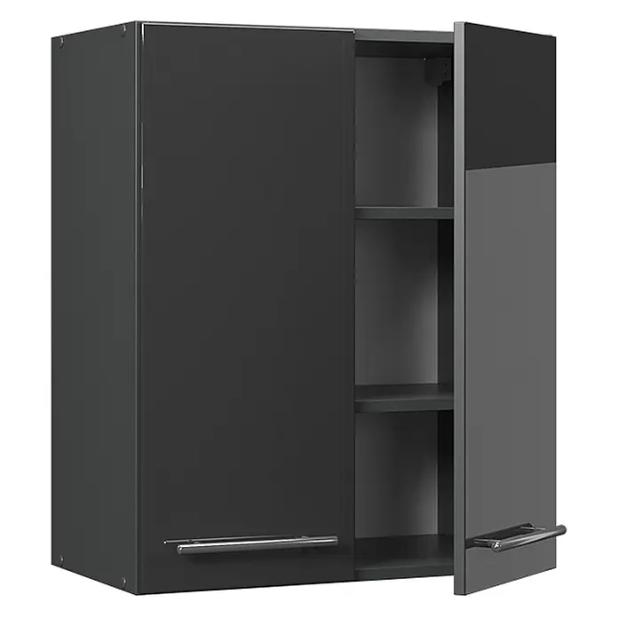 Vicco Hängeschrank Fame-Line, Anthrazit Hochglanz, 60 cm -  - Dunkelgrauer Hängeschrank mit zwei Türen, einer offenen und Einlegeböden, mit silbernen Griffen.