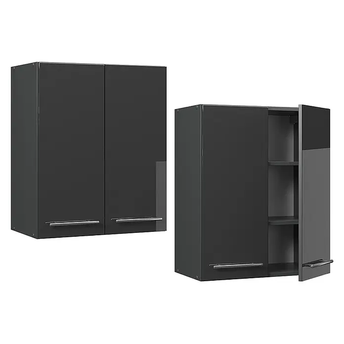 Vicco Hängeschrank Fame-Line, Anthrazit Hochglanz, 60 cm -  - Zwei anthrazitfarbene Küchenhängeschränke mit Chromgriffen, einer geschlossen, einer offen mit Regalböden.
